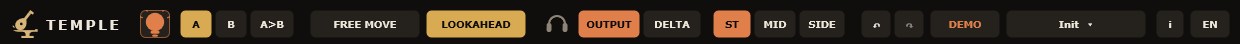 The top bar: A/B, Free Move, Lookahead, monitoring (OUTPUT / DELTA, ST / MID / SIDE), undo and presets.
