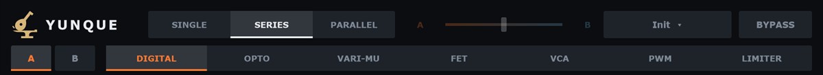 At the top, routing (SINGLE / SERIES / PARALLEL); below, the module you are editing and its mode.